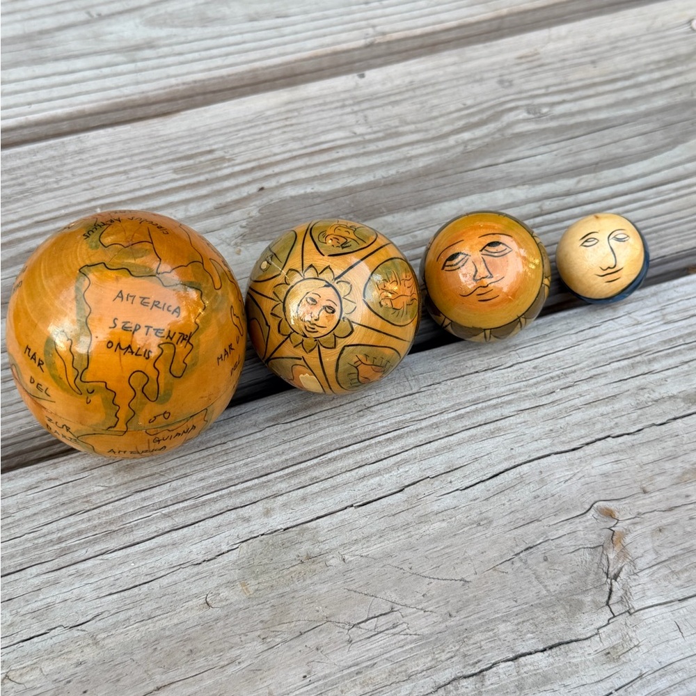 Hand-Painted Wooden Nesting Ball Set • Folk Art Sun Face & World Map • Vintage